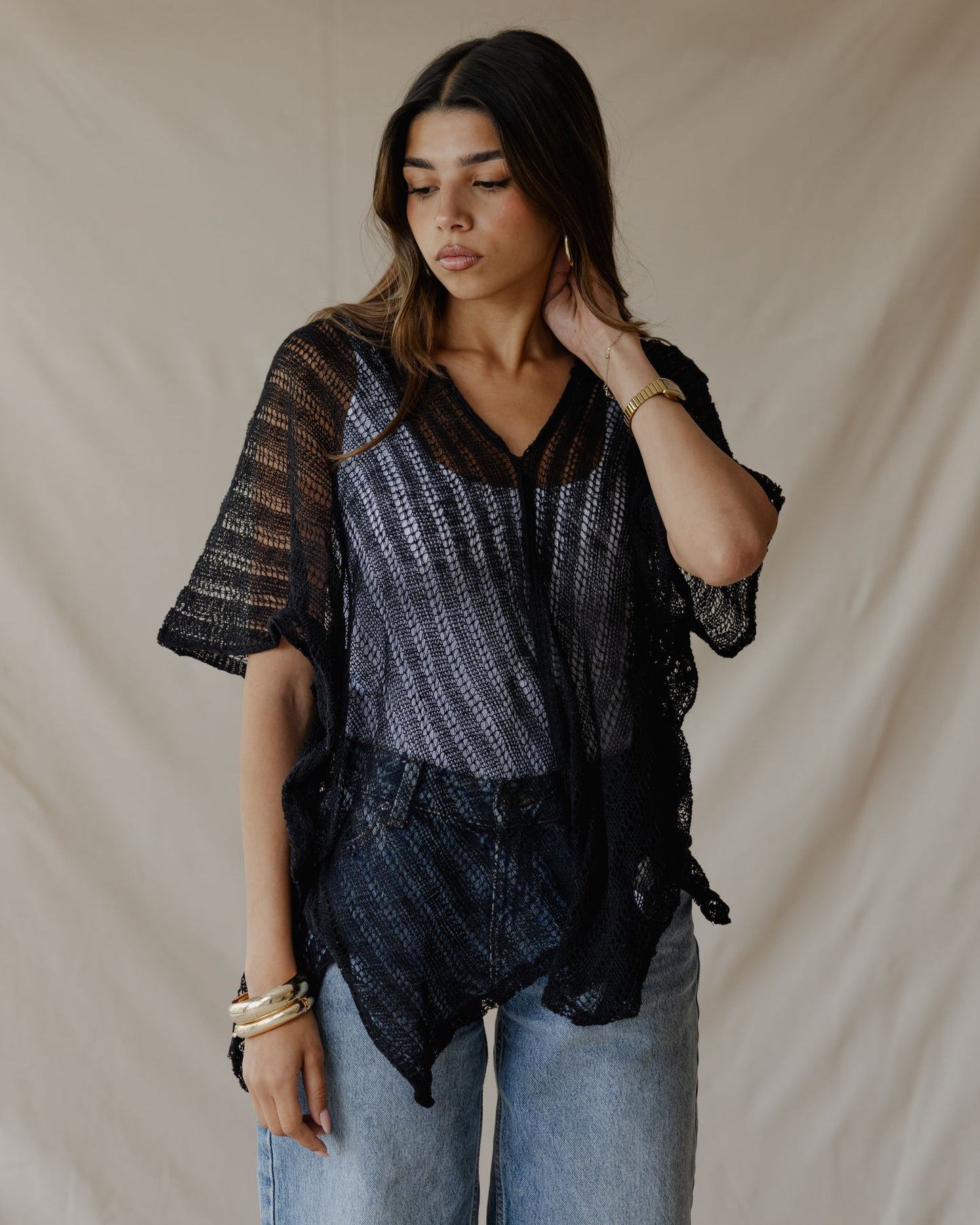 Summer Knit Poncho Black