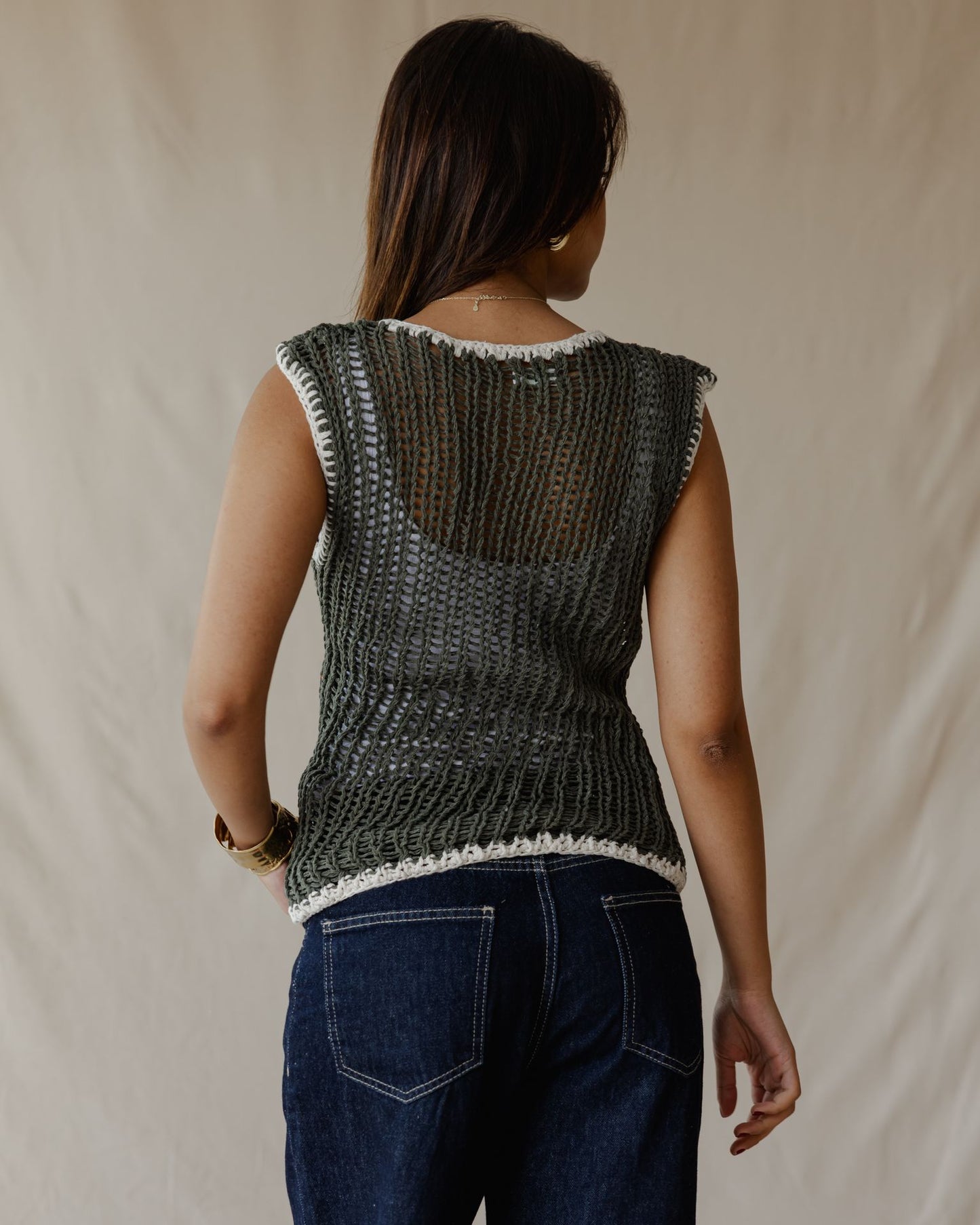 Contrast Crochet Top Olive
