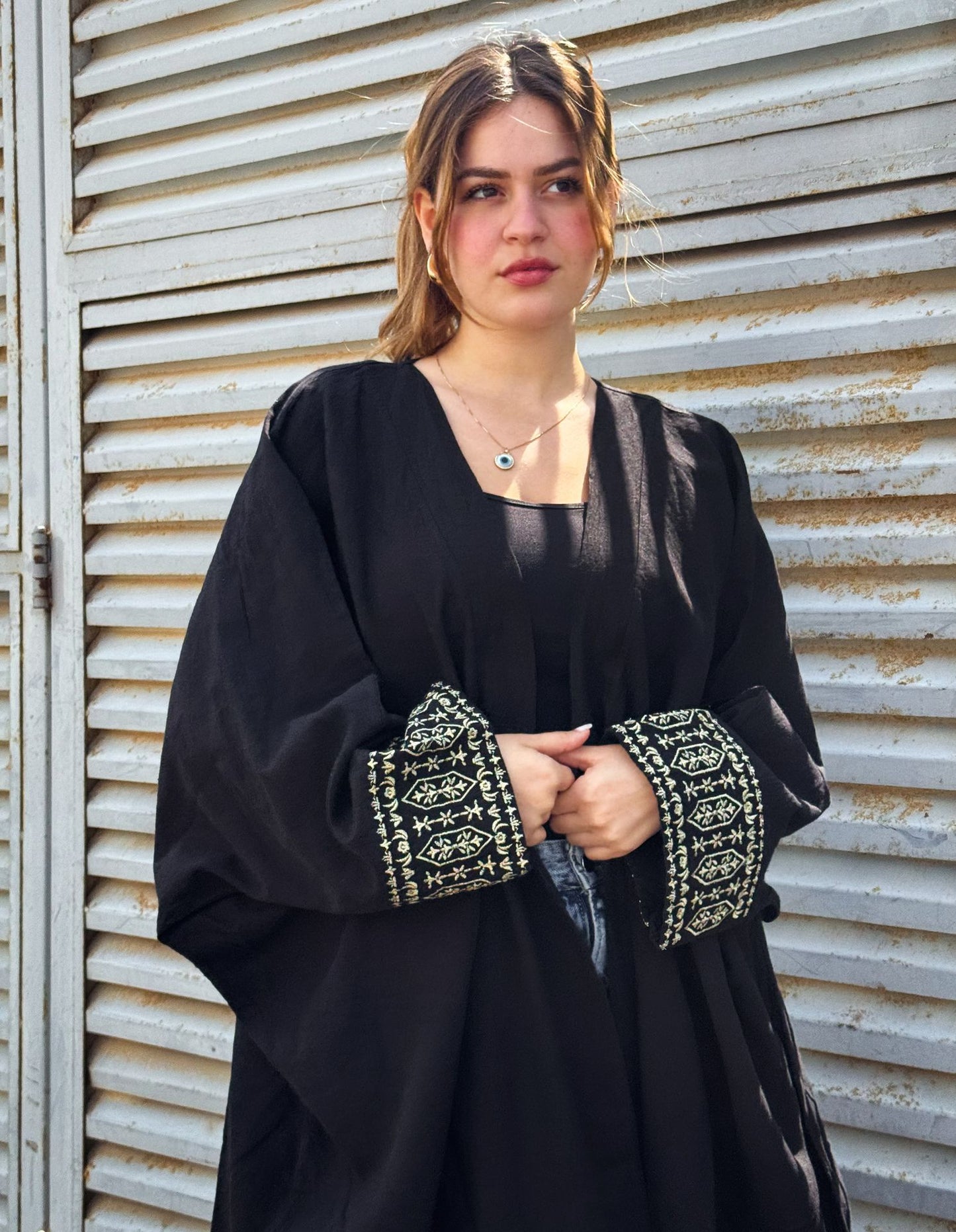 Embroidery Linen Kaftan In Black