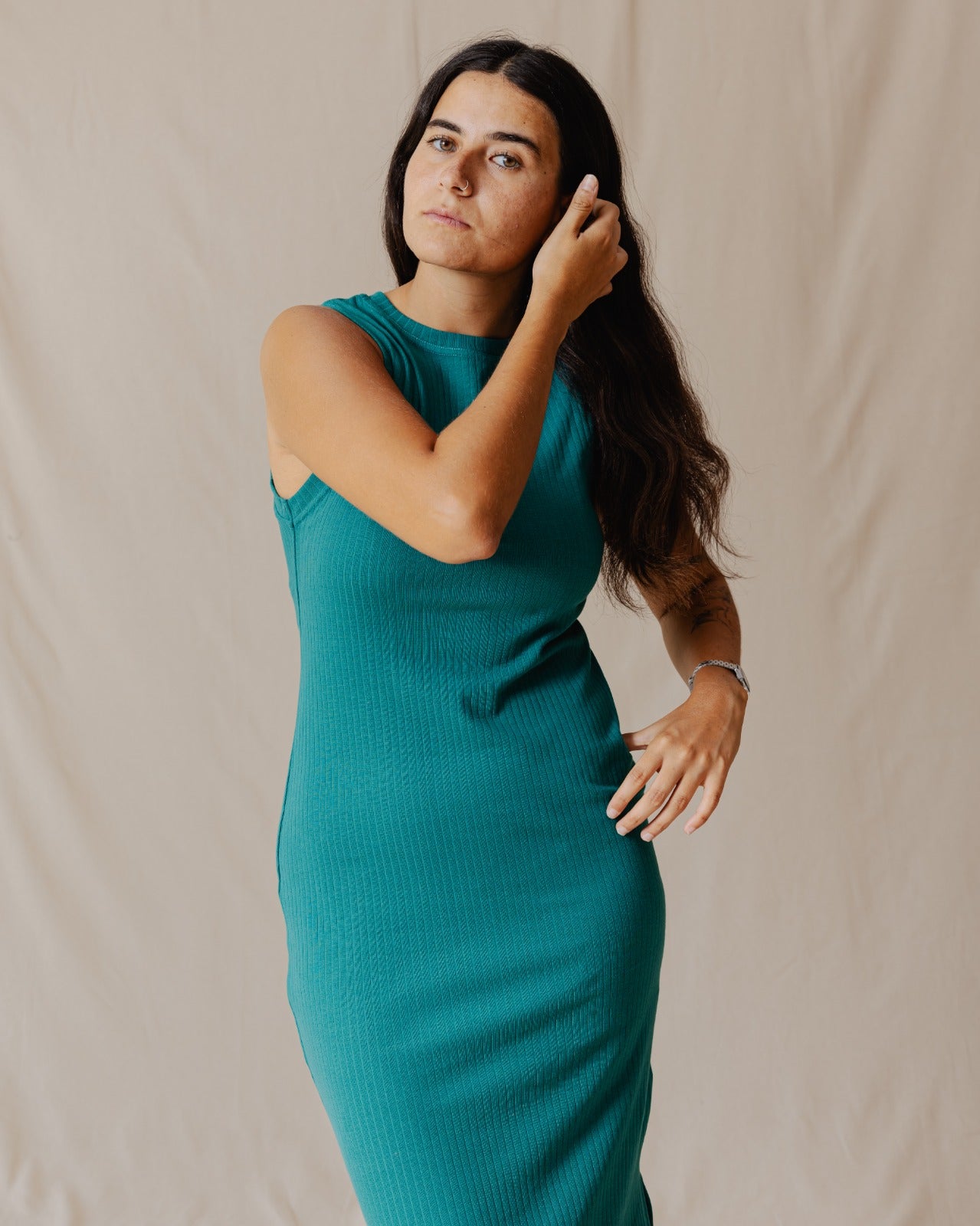 turquoise ribbed dress Turquoise Ribbed Knit Dress With Belted Waist Spring Midi Dresses 2025