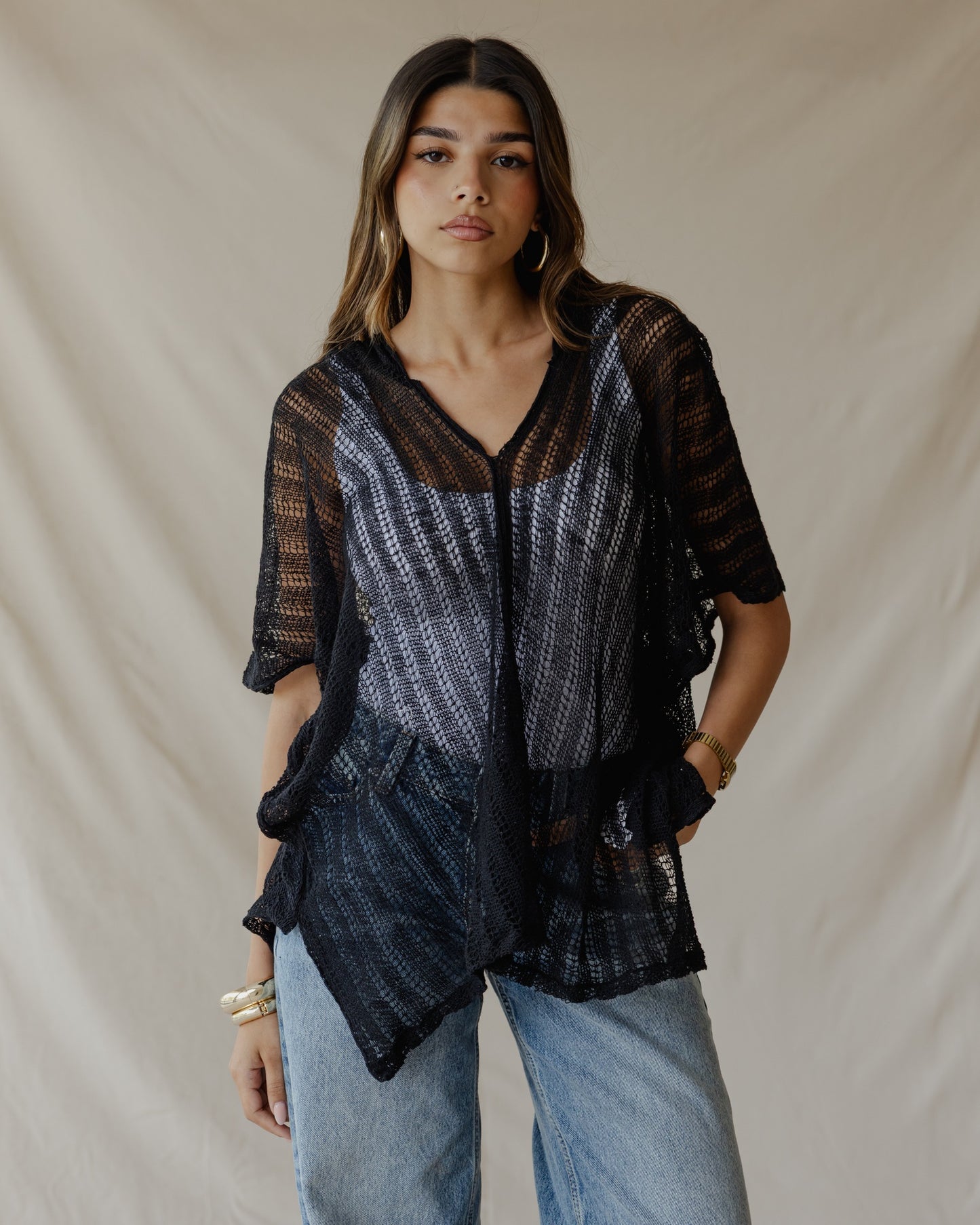 Summer Knit Poncho Black