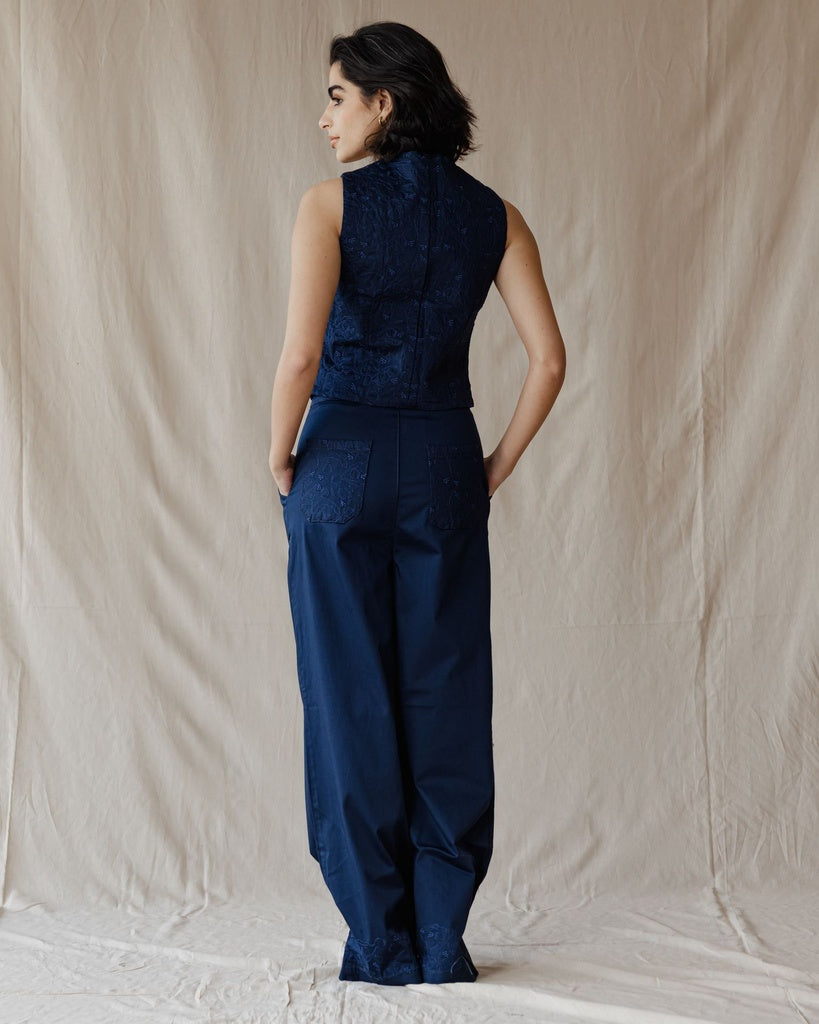Pomegranate Embroidered Navy Pants