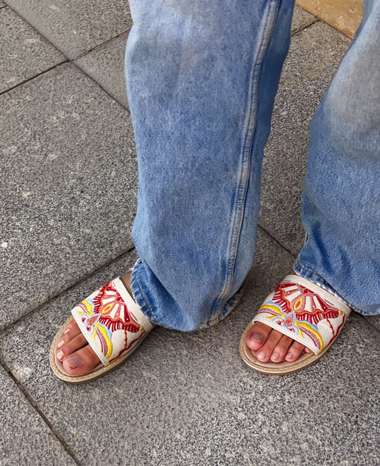 The Pompom Embroidered Slippers Red