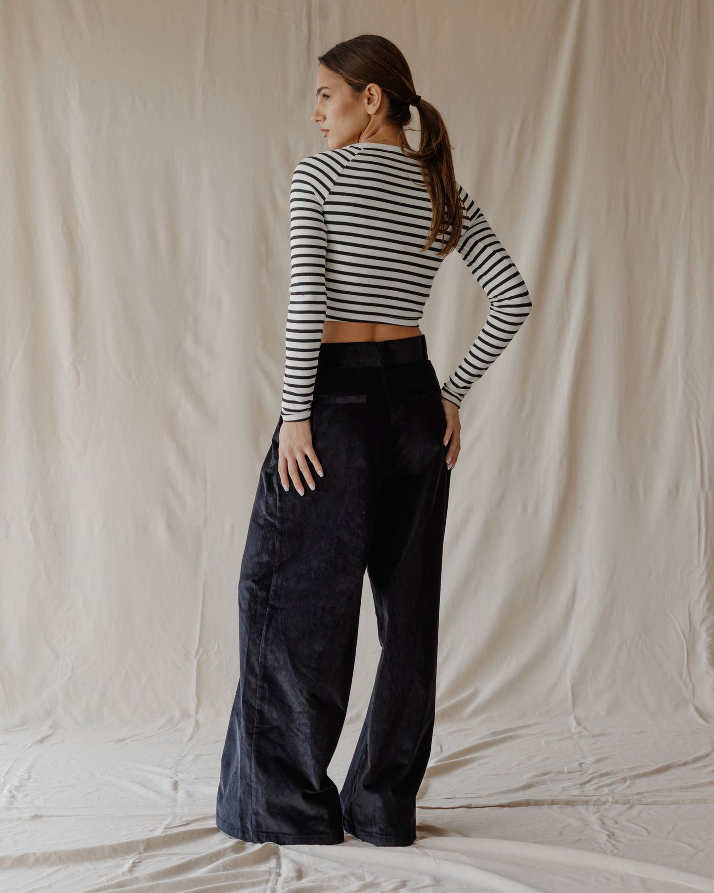 Pleated Cord Black Pants