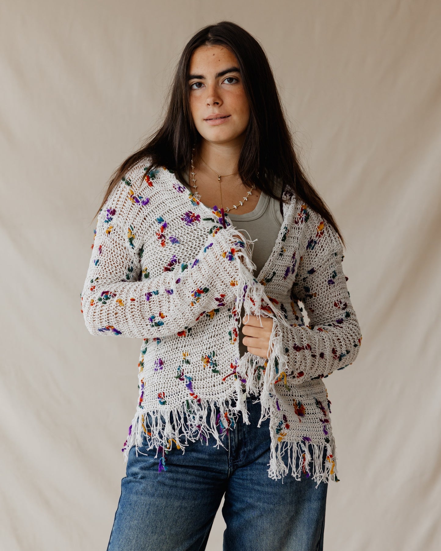 كارديجان محبوك مرقط باللون الكريمي