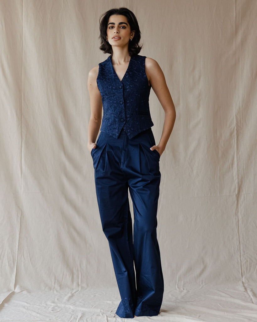 Pomegranate Embroidered Navy Pants