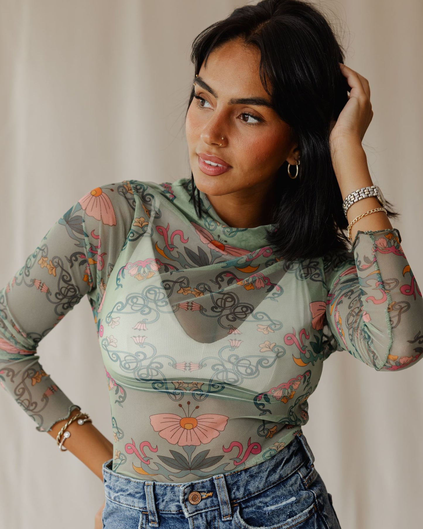 Petal Muse In Sage Mesh Top