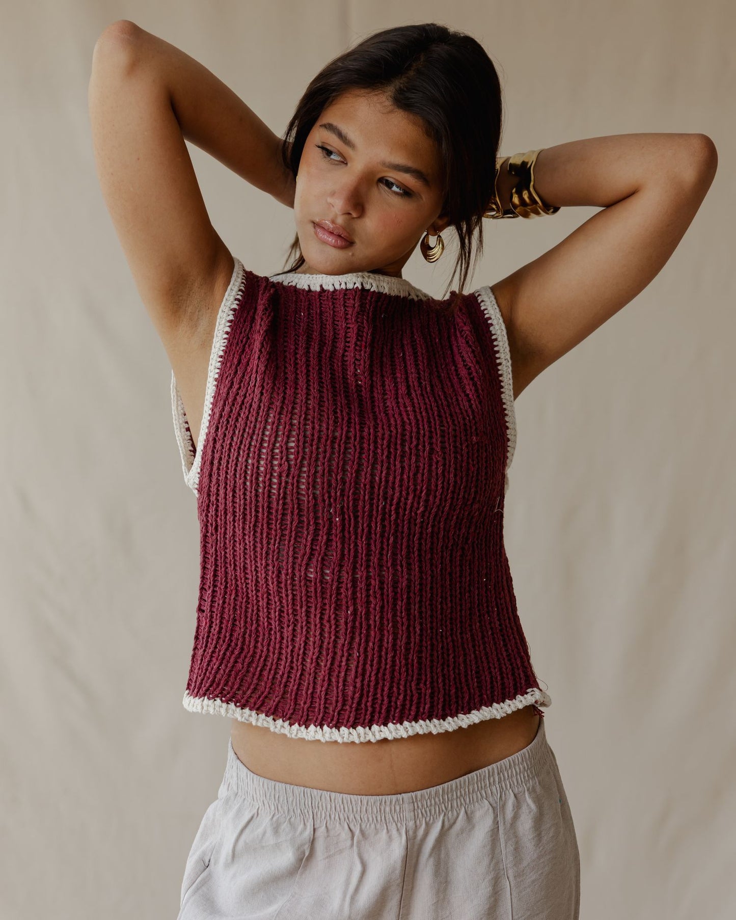 Contrast Crochet Top Burgundy