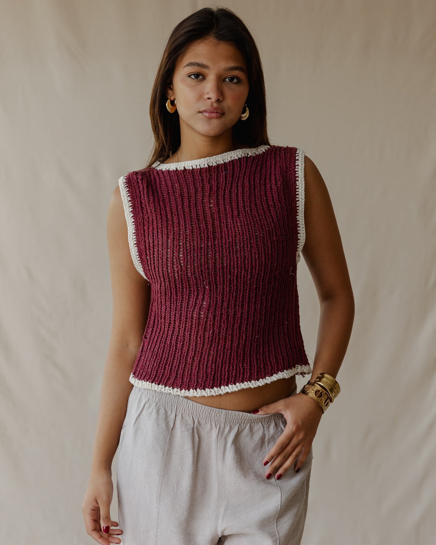 Contrast Crochet Top Burgundy
