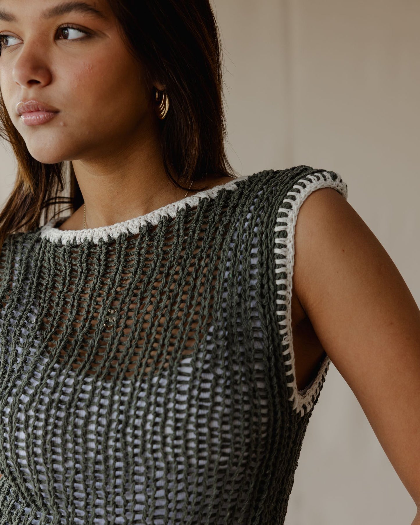 Contrast Crochet Top Olive