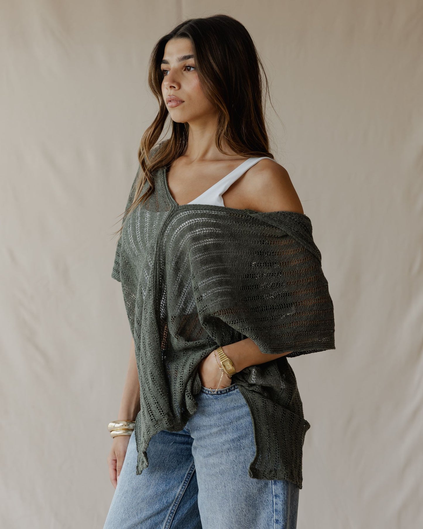 Summer Knit Poncho Olive