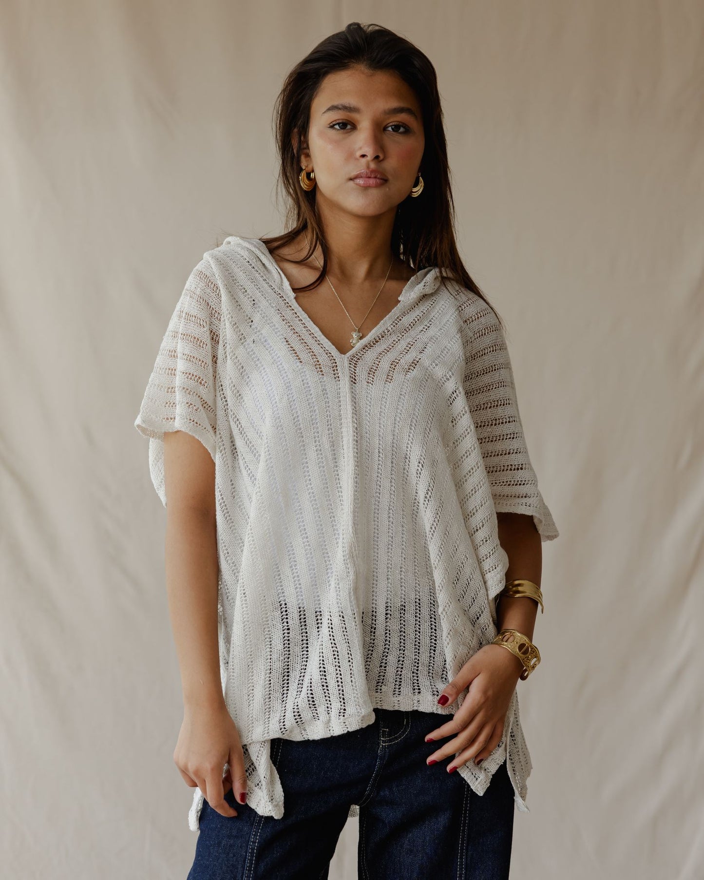 Summer Knit Poncho Off-White