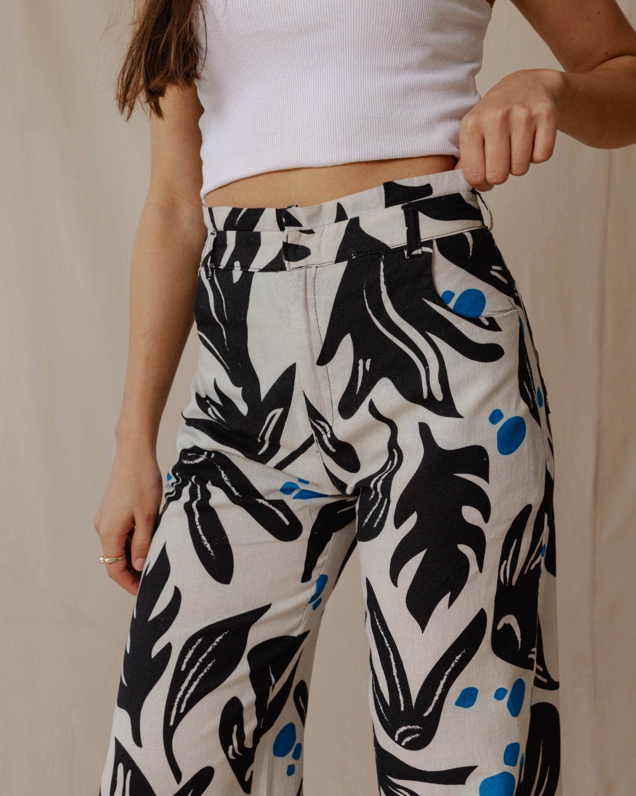 Black And White Leaves Linen Pants