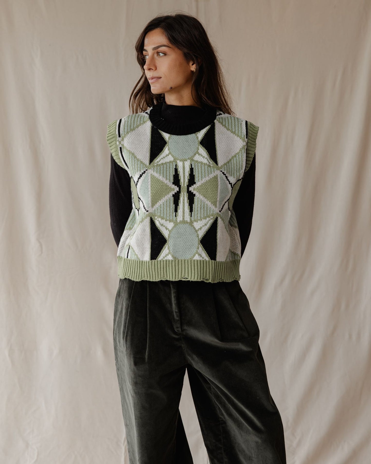 Green Retro Kaleido Knitted Vest