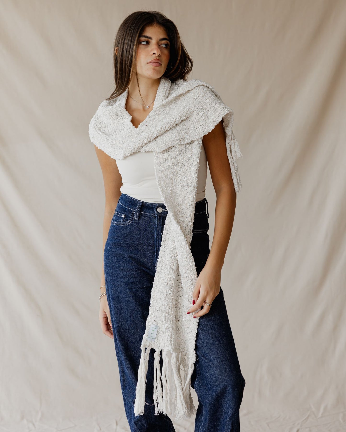 Bouclé Fringe Cream Scarf