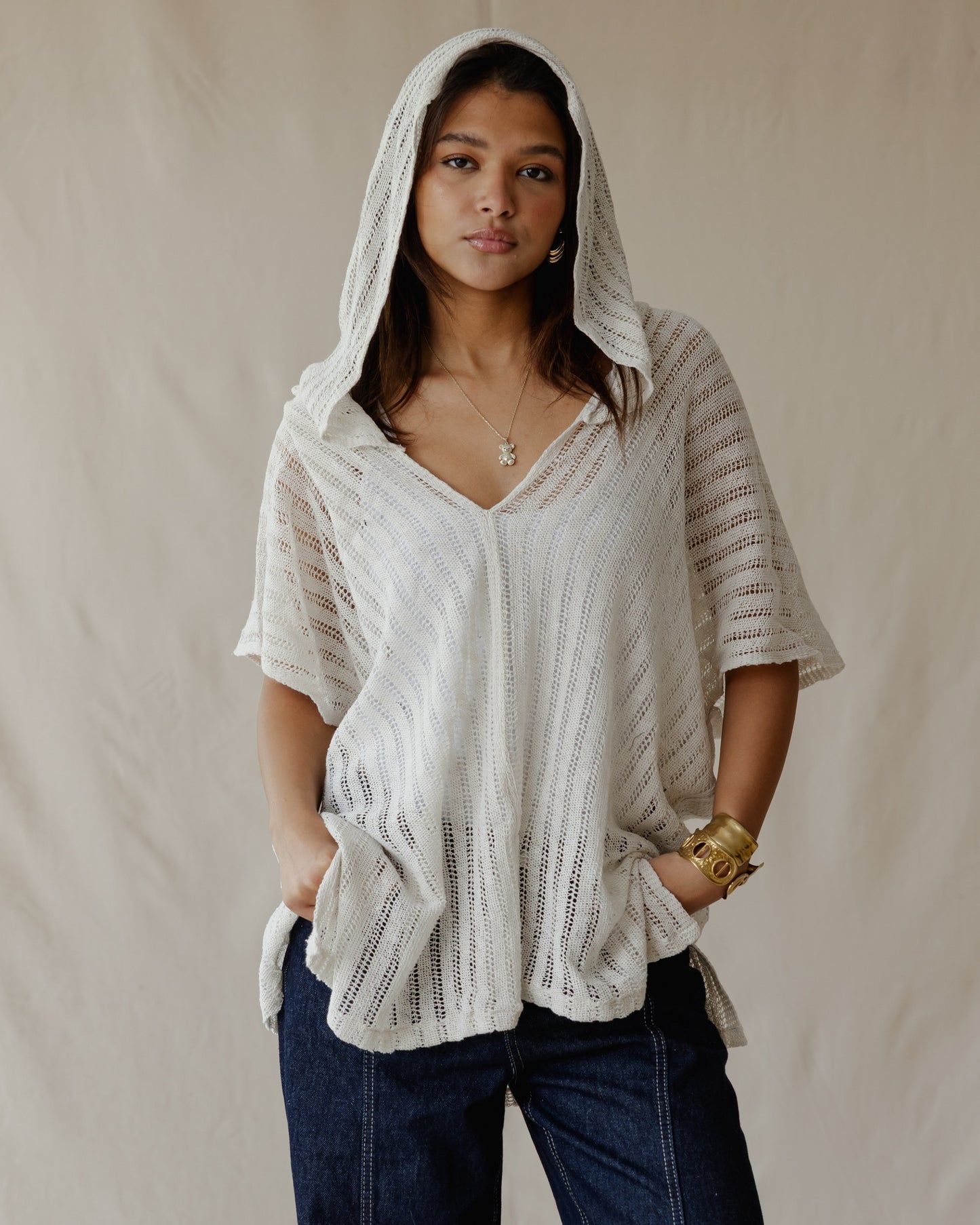 Summer Knit Poncho Off-White