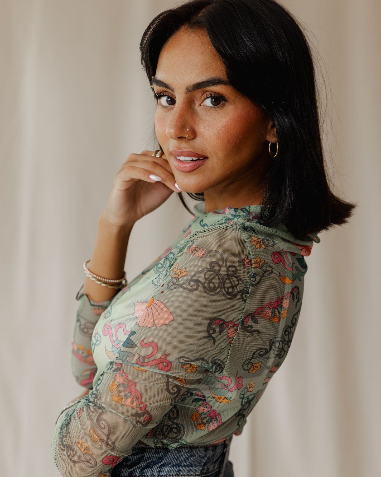 Petal Muse In Sage Mesh Top