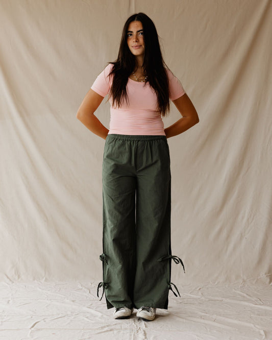 Side-tie Linen Olive Pants