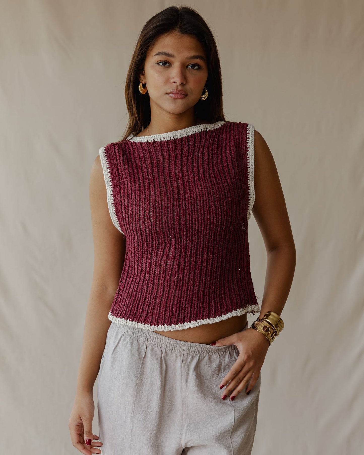 Contrast Crochet Top Burgundy