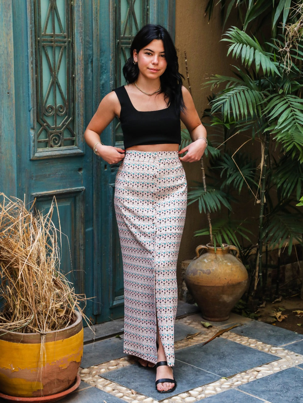 Folk Art Slit Skirt Baby Pink