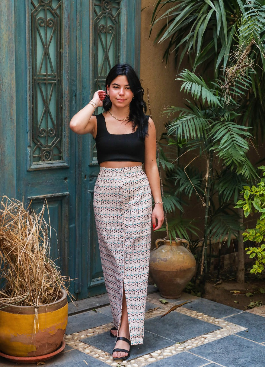 Folk Art Slit Skirt Baby Pink